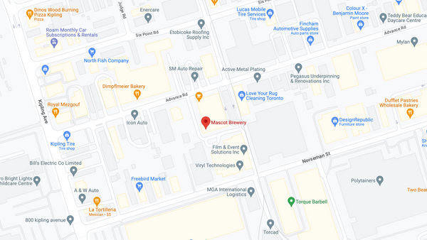 Mascot Brewery - Etobicoke Location Map - 37 Advance Rd - Near Kipling Station