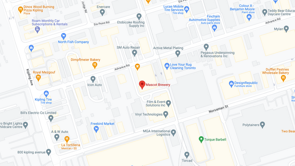 Mascot Brewery - Etobicoke Location Map - 37 Advance Rd - Near Kipling Station 