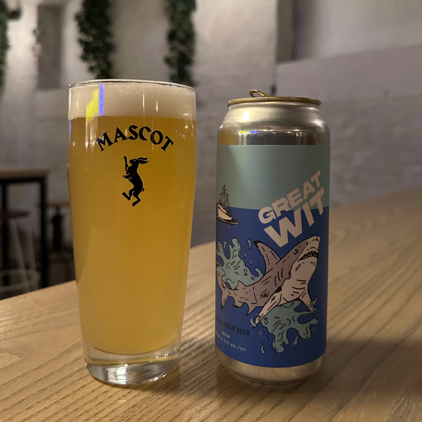 Can of Great Wit by Mascot Brewery next to a filled up Mascot branded glass.