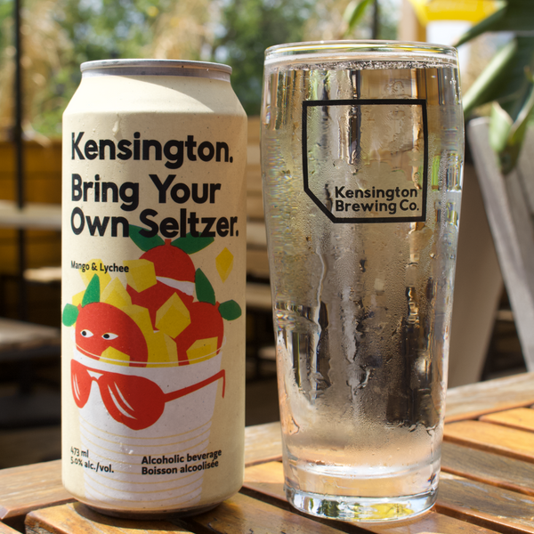 Try Bring Your Own Seltzer by Kensington Brewing Co next to a filled up, chilled branded glass.